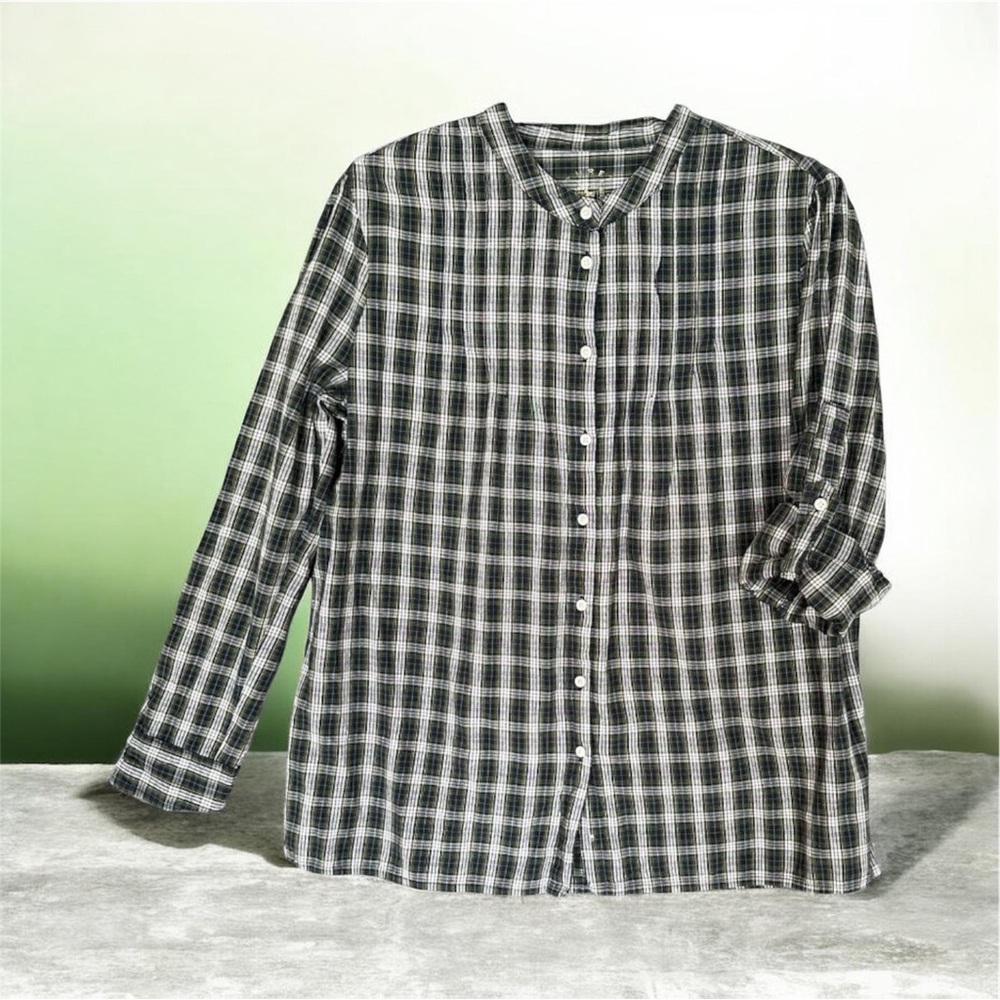 Green Plaid Roll tab Sleeve Cotton Button Down Shirt size XL